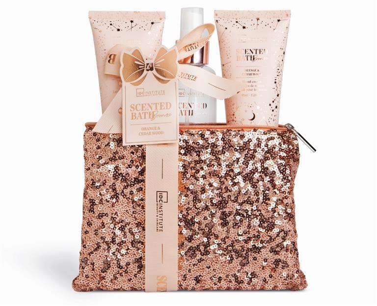 TROUSSE DE BAIN PAILLETES "Orange&Cedar Wood" 3 PCS - IDCINSTITUTE - idc institute en gros